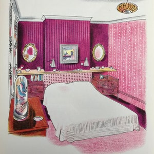 1954 ROLAND COLLINS LITOGRAFIA Camera da letto Earl's Court W.S.Cowell Ltd Dimensioni foglio 9,75x7 pollici.