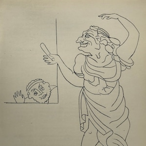 May include: A black and white line drawing of two figures. The figure on the left is looking out of a window. The figure on the right is a woman with a long robe and her arm raised.