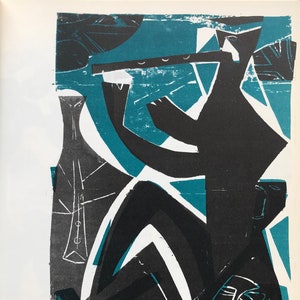 1959年 HAP GRIESHABER リトグラフ「Morgen」朝の鮮やかな色彩の木版画彫刻抽象モダニスト シートサイズ約9x8インチ。