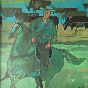 1958 HUGO WETLI SWISSAIR-illustratie. Getipt bord op harde kaart Cowboy on Horse Luchtvaartmaatschappijlaken Formaat c11 x 8 inch
