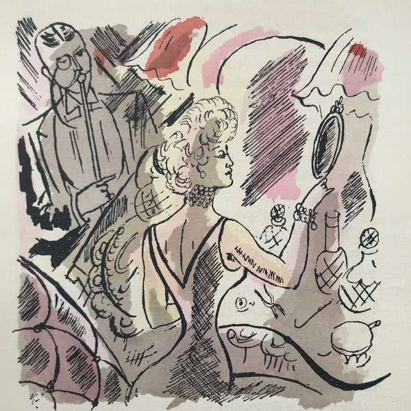 1930 CHAS-LABORDE Lithographie d'aquarelle pour la loge du théâtre de miroirs « Mon Amie Nane » de Toulet (édition limitée) C.4x4in.