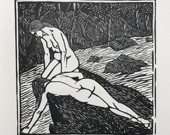 GWEN RAVERAT &#39;The Bathers&#39; Wood Engraving Printed from the Original Softwood Block. Sheet Size c.11x8.5. Image Size 6x6ins.