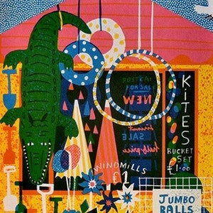 May include: A colorful illustration of a beach shop selling kites, windmills, beach mats, jumbo balls, and buckets. The shop is decorated with a green alligator, colorful hoops, and flowers. The sign reads "KITES", "BUCKET SET £1.00", "WINDMILLS £1", and "JUMBO BALLS".