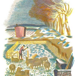 Litografia a colori di John Nash del 1939 &quot;Uomini e campi&quot; di Adrian Bell Curwen Press, dimensioni 8,5x5,25 pollici.