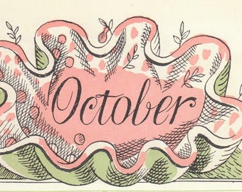 1930 EDWARD BAWDEN &#39;OCTOBER&#39; Hand-coloured Pochoir Illustration. Salmon-pink, Light Green & Cross-hatched Black. Curwen Press. c.5x3ins.