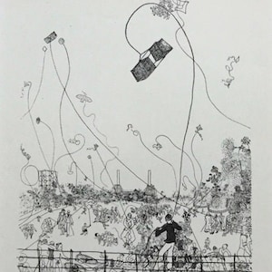 May include: A black and white line drawing of a crowd of people flying kites in a park. The kites are various shapes and sizes, and the people are all dressed in different clothes. There are trees and buildings in the background.