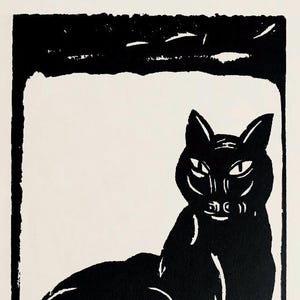 SIMON BUSSY Stampa di XILOGRAFIA. Gatto nero. Su carta fatta a mano 100% cotone 150gsm. A4.