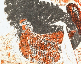 1969 Walter Hoyle Illustration for  Women's Institute Recipe Book Chicken Duck Goose farm Summer 8x5.5ins.. Mid Century Modern Decor