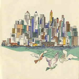 1944 HANS TISDALL AUTOLITHOGRAPH Illustration &#39;Ansicht von New York&#39;. Manhatten Wolkenkratzer Gebäude Architektur Big Apple Blattgröße 10x20cm.