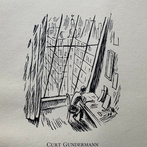 Peut inclure: Illustration en noir et blanc d'une personne assise à un bureau regardant par une fenêtre un horizon urbain. Le texte "CURT GUNDERMANN Illustration de livre" est sous l'image.