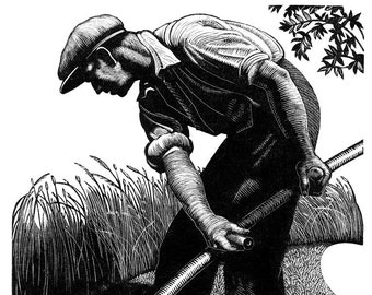1935 CLARE LEIGHTON Wood Engraving.&#39;Scything&#39;. Camelot Press Printed On Heavy Art Paper. Sheet Size C.10x7.5ins..