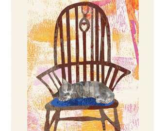 SIGNED PRINT &#39;Sleeping Cat on Windsor Chair&#39; high quality gift present collage print folk art original gift A4