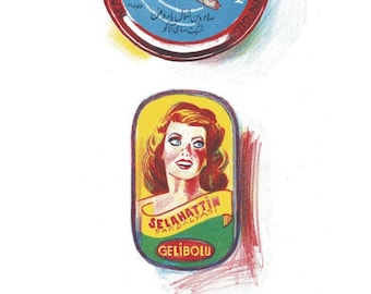 Litografía de GLYNNE BOYD HARTE 'Sardinas'. Impresa solo por una cara en papel Fedriglioni grueso. Aprox. 11,75 x 8 pulgadas.