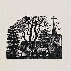 Eric Ravilious (1903-1942) Original Woodcut Printed from 1932 Block Sheet size 7x4ins. Image size c.2 x 1.5ins. Church
