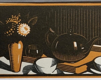 1925 Carlègle Original Woodcut 'Mon Amie Nane' (Ltd Ed of 585 numbered copies) 4x2ins.. Leon Pichon Art Déco Flowers/Vase/Teapot Wall Art
