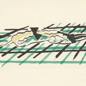 Puede incluir: Ilustración abstracta de una persona nadando, en negro, verde y amarillo. La figura se representa en una pose aerodinámica, con un triángulo negro cerca de la cabeza. El fondo presenta una cuadrícula de líneas negras y verdes.