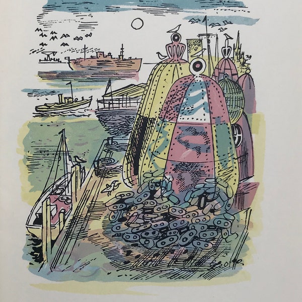 1953 JOHN O'CONNOR Gravure « Harwich & Parkeston Quay » Édition limitée Navires portuaires Pêche Casiers à homard Bord de mer Taille de la feuille : 8,5 x 5 pouces