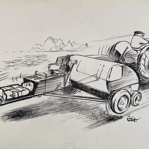 C.1960 'EDIE' W.J.EDWARDS Podpisany komiks piórem i tuszem. Ciągnik rolniczy, siano, słoma, prasa do belowania. Rozmiar arkusza: ok. 11 x 7,5 cala.