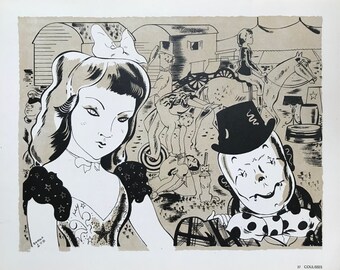 1944 SERGE CIRCUS LITHOGRAFIE 'Panorama du Cirque' Beperkte oplage Circuspiste Showmensen Clown Acrobat Tijgers Leeuwen Ca. 11,75 x 9,5 inch.