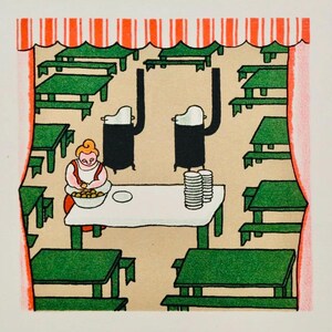 May include: Illustration of a restaurant scene with green tables and a woman in an apron. Two black figures with white hats stand near a stack of plates. Red and white striped awning at the top.