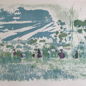 May include: A vintage lithograph print depicting a landscape scene with a group of people in the foreground. The sky is a light blue with white clouds, and the ground is covered in green grass and trees. The people are dressed in dark clothing and are standing in a line.