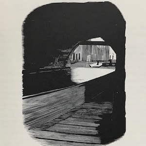 May include: Black and white woodcut print of a building with a large, open doorway. The doorway is framed by a dark, shadowy archway. The building is lit by a bright, white light that shines through the doorway.