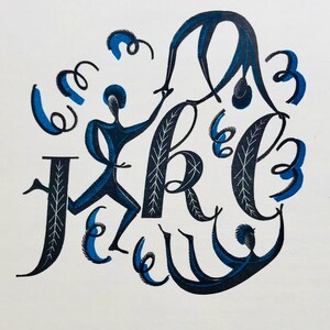 Puede incluir: Ilustración abstracta con las letras J, R y A en una fuente estilizada, con figuras interactuando con las letras. El diseño incorpora tonos de azul y blanco, creando una composición dinámica y artística.