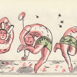 1930年 エドワード・ボーデン ビネット アクロバット 手描きイラスト。サーモンピンク、ライトグリーン、クロスハッチ黒 カーウェン プレス。約5x3インチ