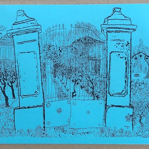 May include: A black and white line drawing of a gate with two tall pillars on a light blue background. The gate is closed and there are trees and houses in the background.