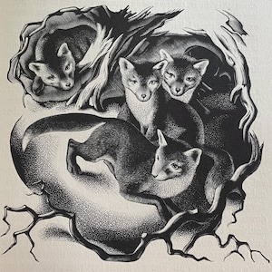 1936 AGNES MILLER PARKER &#39;Fox Cubs&#39; Holzstich Gedruckt bei Camelot Press ca.