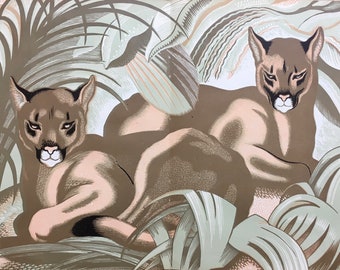 1950 CLIFFORD WEBB 'Pumas' Engraving Shenval Press Large Unmounted c.36x25cm