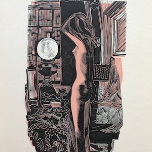 1959 JOHN O'CONNOR Holzgravur vom Originalblock 'Cottage Girl' Grosvenor Litho Papierbogen Größe C10x7ins