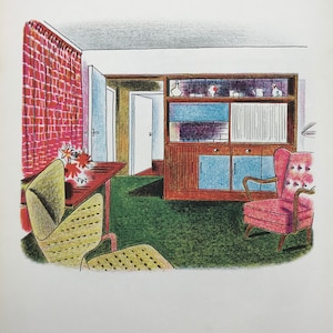 1954 LITOGRAFIA DI ROLAND COLLINS Tunbridge Wells Sitting-Room/City Toilette W.S.Cowell Ltd Dimensioni del foglio 9,75x7 pollici.