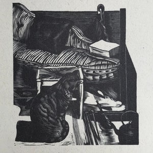 JOHN NASH CAT Stampa litografica di xilografia. Rampant Lion Press. Edizione limitata C.6x6 pollici.