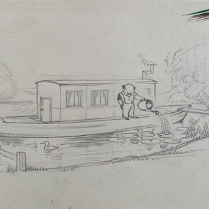 C.1960 'EDIE' W.J.EDWARDS Karykatura wykonana ołówkiem. Houseboat Ship Boat Marine Rozmiar arkusza: ok. 11x7,5 cala.