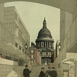May include: An architectural illustration of a city street scene featuring St. Paul's Cathedral. The drawing is in shades of gray and beige, with figures of people in suits and hats. The scene includes buildings, stairs, and street lamps.