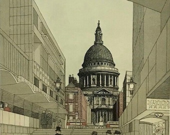 1952 GORDON CULLEN. Architectural Drawing Shenval Press on Basingwerk Parchment St Paul&#39;s City of London Boys&#39; School WESTMINSTER c.9.5x7ins