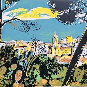May include: A colorful illustration of a cityscape with a blue body of water in the background. The city is depicted in a stylized manner with yellow buildings and green trees. The foreground features a lush green landscape with a large tree trunk in the right corner.