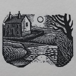 May include: Black and white woodcut print of a house with two chimneys, a tree, and a moon in the sky. The house is on a hill with a field in the foreground.