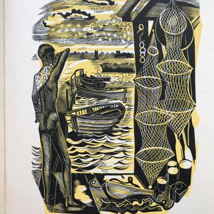 1959 JOHN O'CONNOR Xilogravura do bloco original 'Água doce' Grosvenor Litho Paper Sheet Tamanho C.10x7 pol Barco de pesca