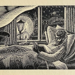1950 LENNOX PATERSON Wood Engraving for 'The Roadmender' Reading in Bed Glasgow School of Art Sheet Size 5x2.25ins.