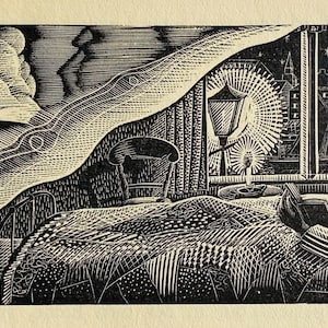 1950 LENNOX PATERSON Wood Engraving for 'The Roadmender' Reading in Bed Glasgow School of Art Sheet Size 5x2.25ins.
