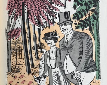 1930 EDWARD BAWDEN 'Adam & Evelyn at Kew' Originele handgekleurde pochoirillustratie 'Woodland Walk'. Moderne muurdecoratie uit het midden van de eeuw