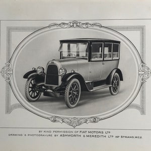 1923 Photogravüre Werbung für FIAT CARS. Gedruckt auf dickem Karton von Ashwertiger & Meredith - einseitig. Blattgröße ca.10x7inches ..