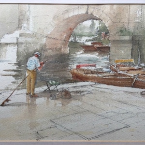SIGNED WATERCOLOUR Bernard Philip Batchelor Fisherman by River with Boats 1996