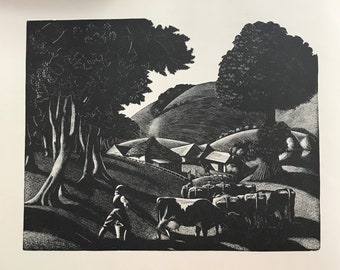 1933 CLARE LEIGHTON Large Wood Engraving &#39;July-Cottage Gardens&#39; First Edition from Original Block Sheet Size C.14x11ins. Image 11x8.5ins.