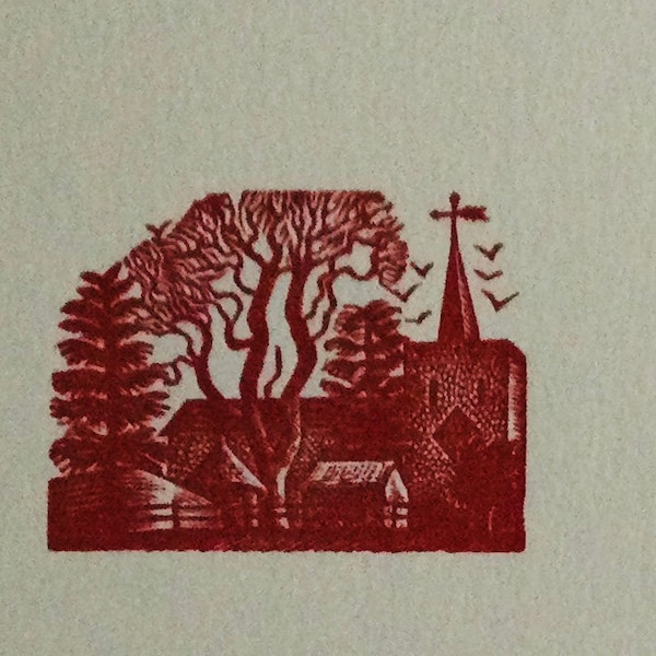 Eric Ravilious (1903-1942) Original Woodcut Printed from 1932 Block Trees Landscape Church Village Red