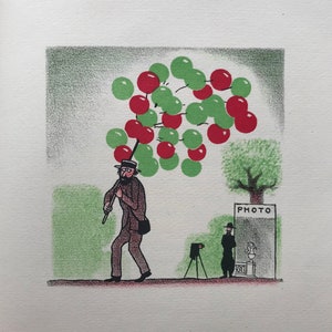 May include: A man in a hat and coat walks down a street carrying a bunch of red and green balloons. The sign "PHOTO" is visible in the background.