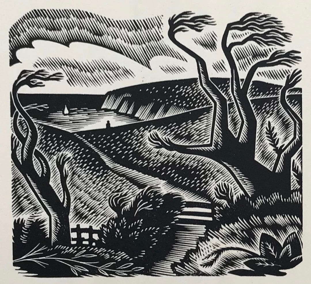1950年 グウェンダ モーガン 木版画「田舎の風景」。Basingwerk