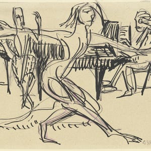 Könnte beinhalten: Eine Schwarz-Weiß-Skizze einer Jazzclub-Szene. Eine Frau tanzt im Vordergrund, mit einem Pianisten und zwei weiteren Figuren im Hintergrund. Das Kunstwerk ist unten rechts signiert.